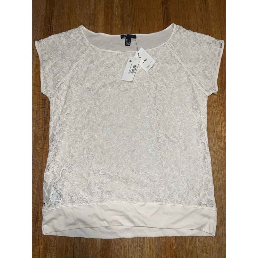 MNG (Made in Green) by AITEX Women Small Ivory‎ Lace Floral Short Sleeve Top